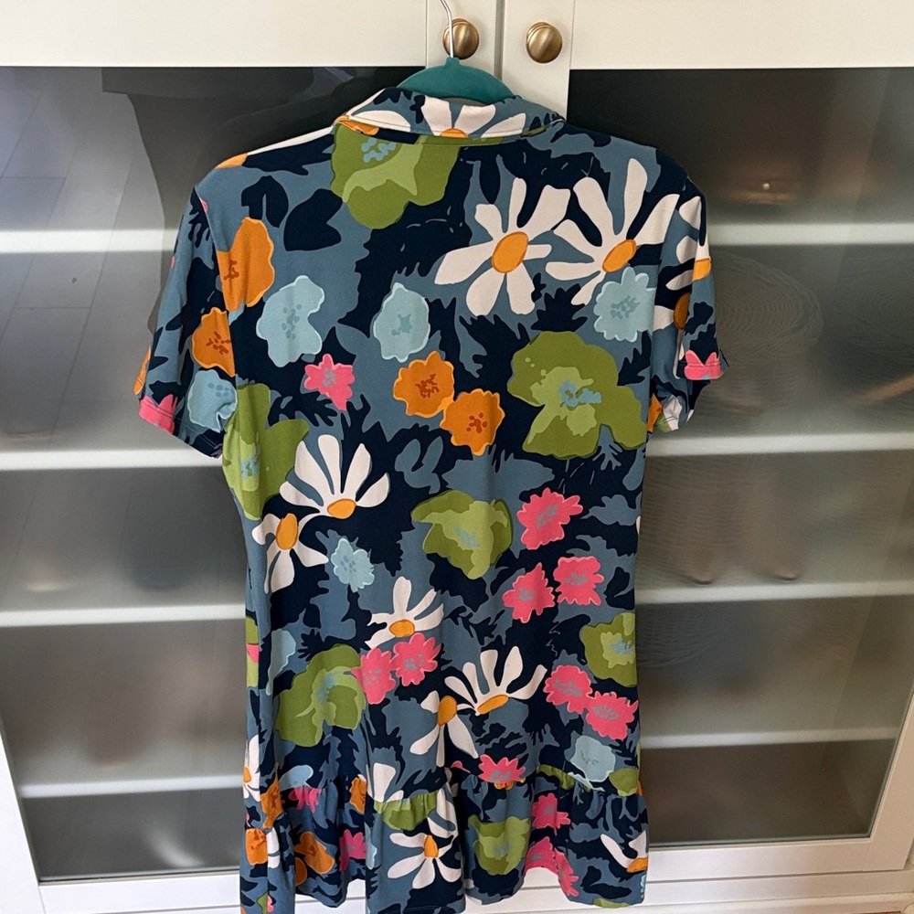 NWOT Spartina 449 Navy Floral Polo Mini Dress with Orange, Pink, Green Accents - Picture 3 of 5
